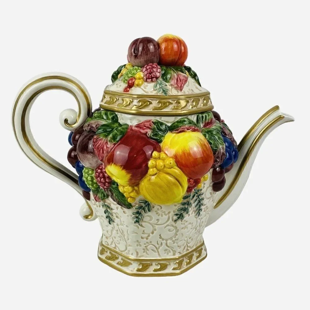 Vintage Fitz and Floyd Venezia Teapot Embossed Fruit Gold Trim Handpainted READ